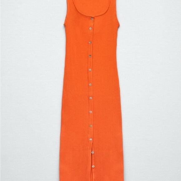 Zara Orange Ribbed Buttoned Maxi Dress NWT Large - Picture 2 of 5